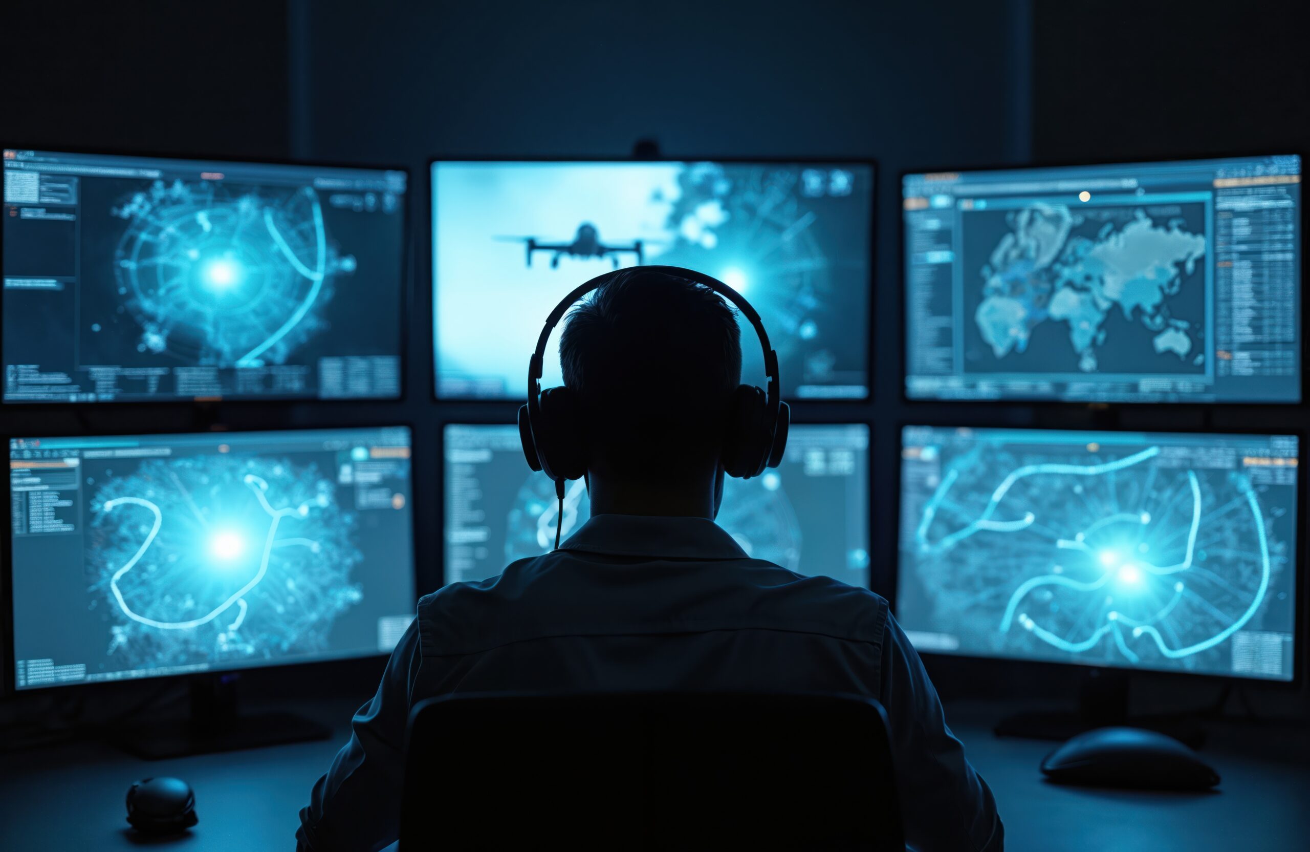 Operator in control room monitors drone strike. Headset, multiple screens show surveillance data. Military mission, warfare technology, defense concept, air force, strategy digital intelligence.