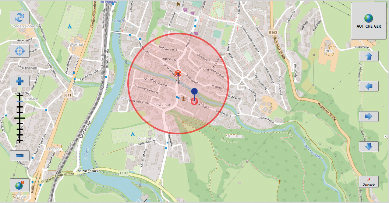 Überlagerung des mittels AML ermittelten Teilnehmer-Standortes (blauer PIN im Zentrum mit kleinem Unschärfekreis) mit RTR Standort (roter PIN mit deutlich größerem Unsicherheitsbereich) in der IDDS UCiP-Kartenansicht 	© eurofunk; Karte: OpenStreetMap