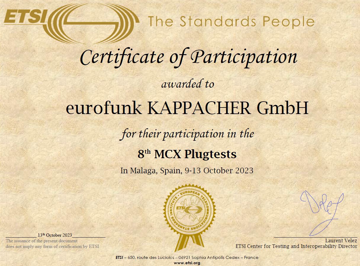 Zertifikat MCX Plugtests eurofunk